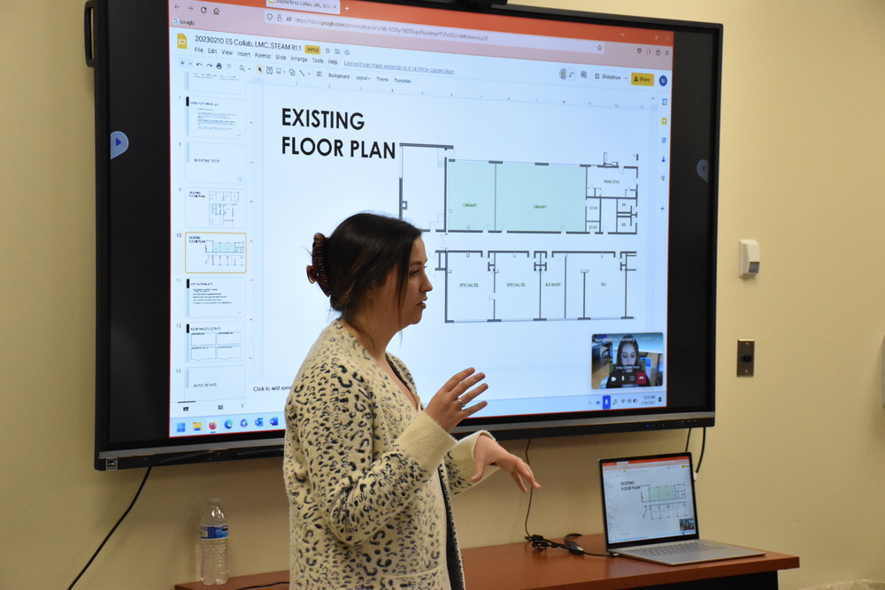A representative of Ashley McGraw, the architecture firm handling the district’s capital project design, leads a stakeholder input meeting in February. 