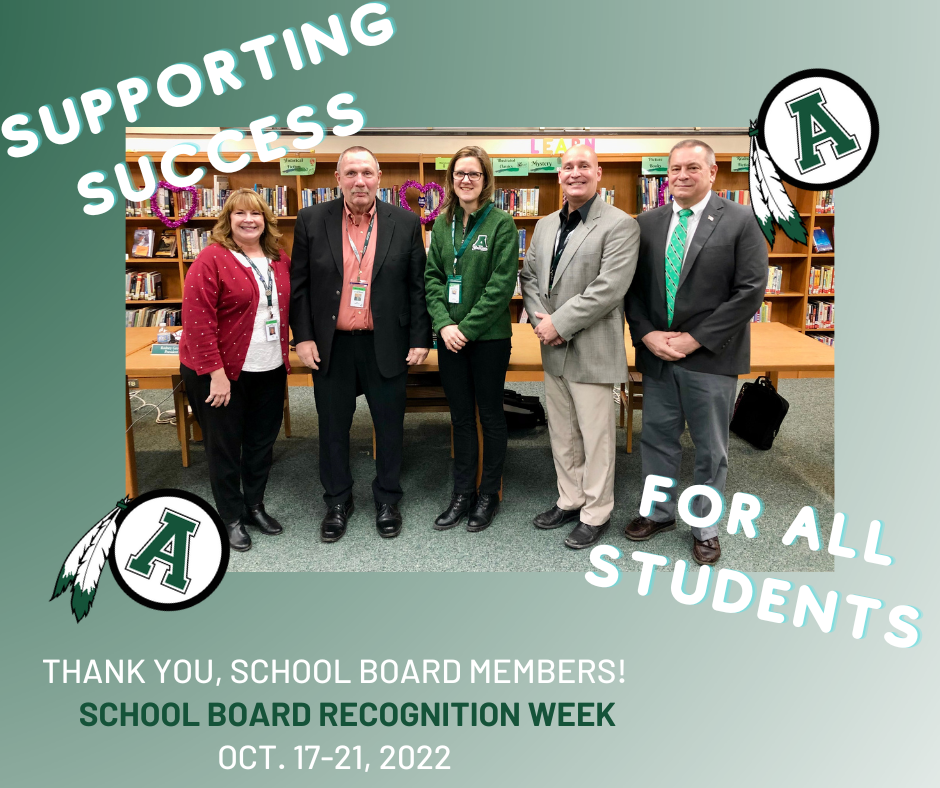 A graphic image that includes a group shot of Avon Central School District's Board of Education, thanking members for supporting success for all Avon students during School Board Recognition Week.