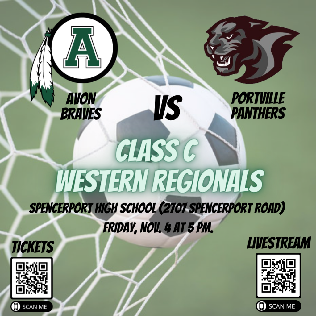A graphic showing information about the western regionals soccer match between Avon and Portville at Spencerport High School Nov. 4 at 5 p.m.