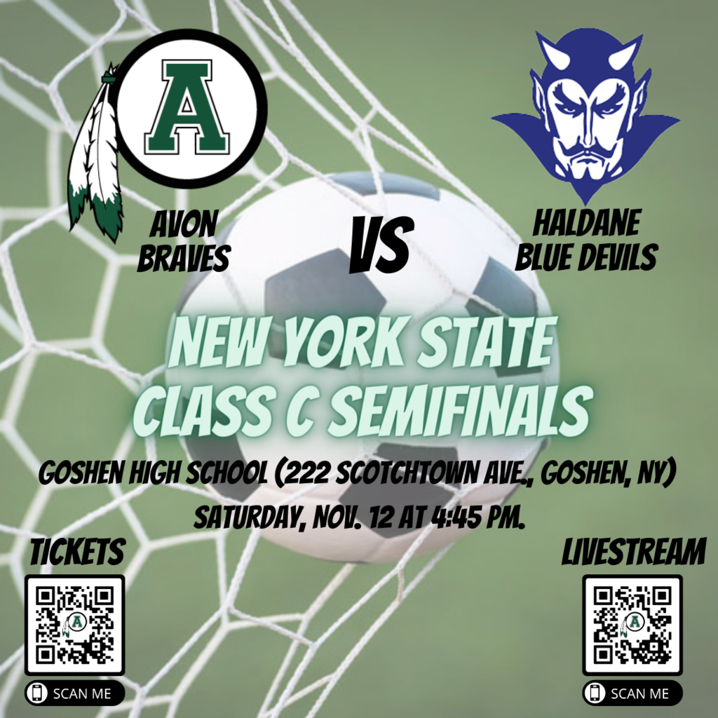 An informational poster teasing the upcoming New York State Class C semifinals boys soccer matchup between Avon and Haldane.