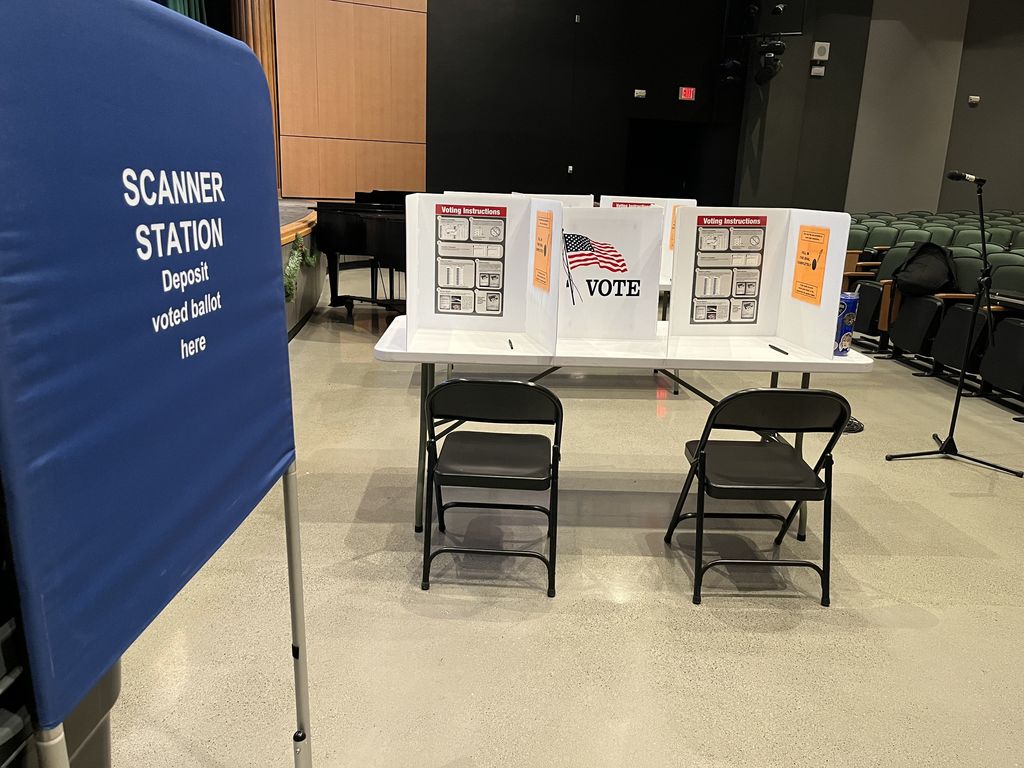 An area in front of the main stage in the Avon Middle School Auditorium where voters will sign in and cast their ballots.