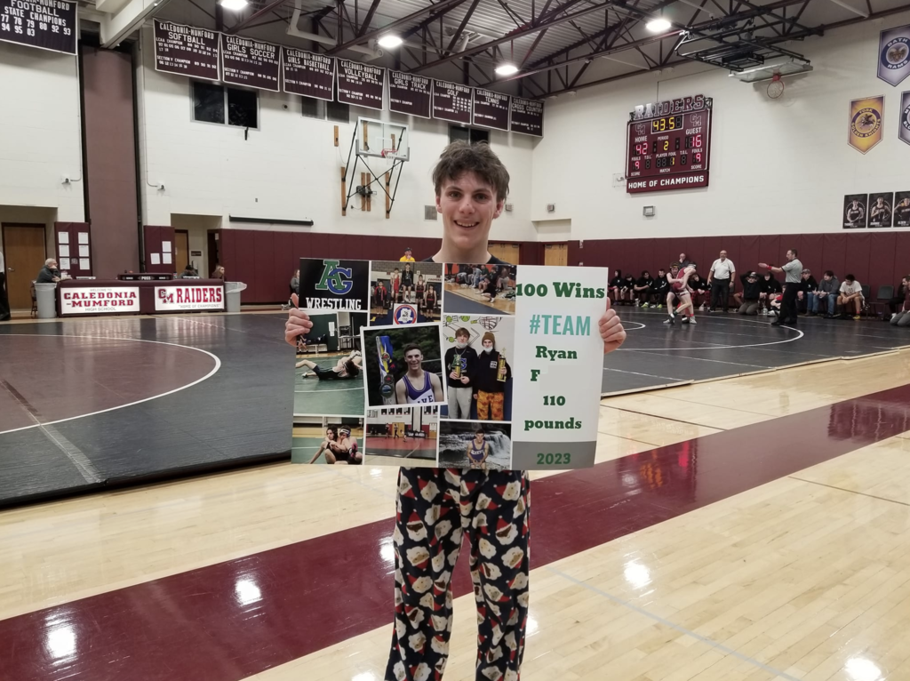 Avon senior Ryan F. is pictured shortly after earning the 100th victory of his career Jan. 14 at the Caledonia-Mumford Duals.