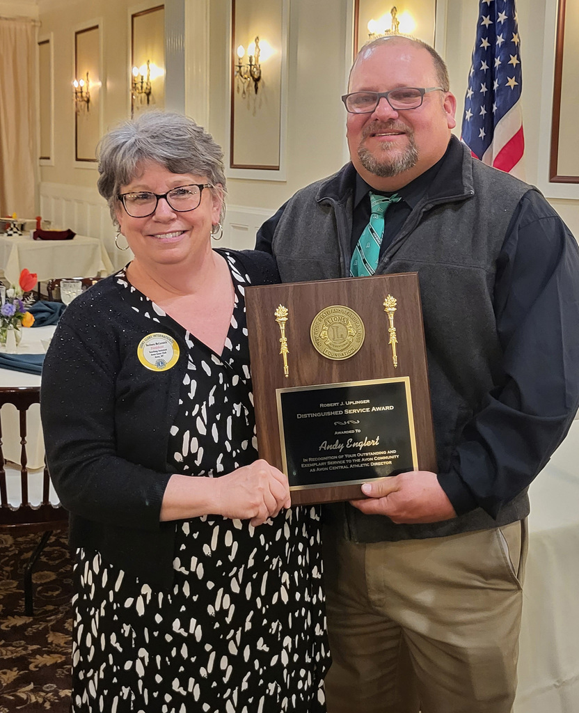 Andy Englert is pictured receiving the Robert J. Uplinger Distinguished Service Award at the Avon Lions Club’s Senior Awards Night earlier this month. 