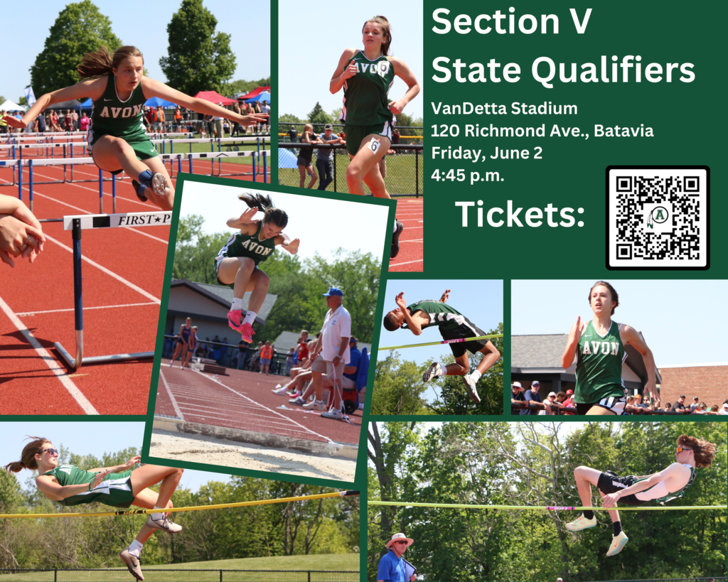 A collage showing track and field athletes competing in their respective events that also advertises the Section V State Qualifier meet Friday in Batavia.