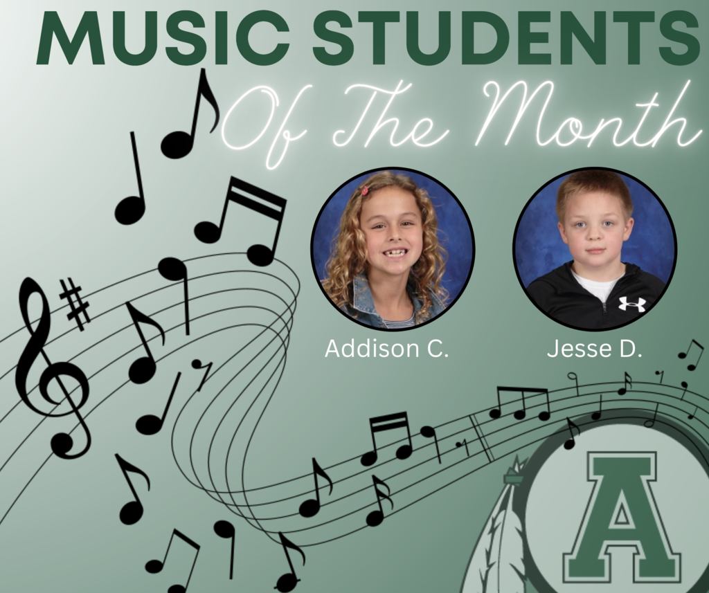A graphic recognizing Addison C. and Jesse D. as Elementary School Music Students of the Month for May. 