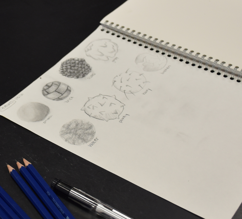 Students simulated various textures in pencil.